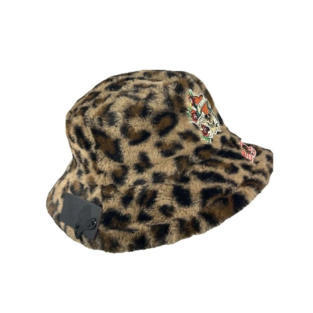Ed Hardy Leopard Faux Fur Bucket Hat Love Kills Slowly Skull Heart One Size